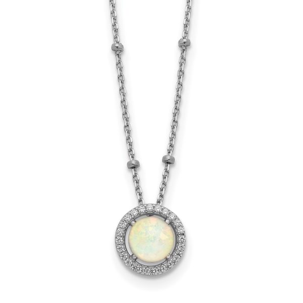 Sterling Silver RH-plated White Created Opal CZ Beaded w/2 in ext. Necklace