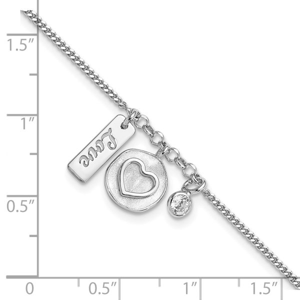 Sterling Silver Rhodium-plated Satin Heart Love CZ with .5in Ext Bracelet - Image 2