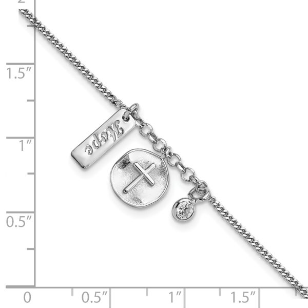 Sterling Silver Rhodium-plated Satin Cross Hope CZ with .5in Ext Bracelet - Image 2