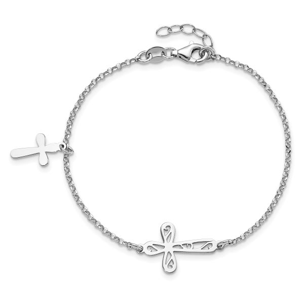 Sterling Silver Rhodium-plated 2-Cross w/.5 in Ext Bracelet - Image 3