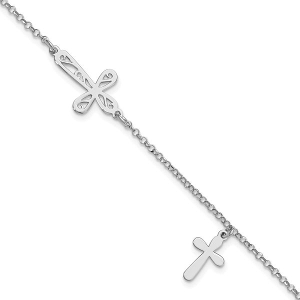 Sterling Silver Rhodium-plated 2-Cross w/.5 in Ext Bracelet