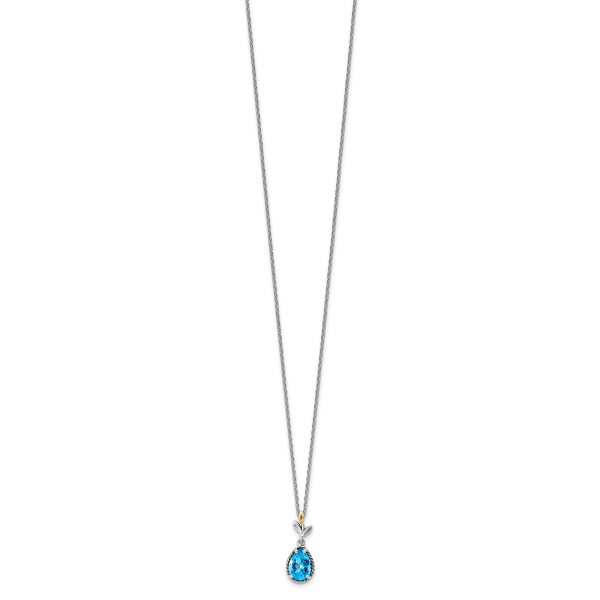 Sterling Silver Antiqued w/14K Leaf Pear 1.9 Blue Topaz w/2in ext Necklace - Image 2