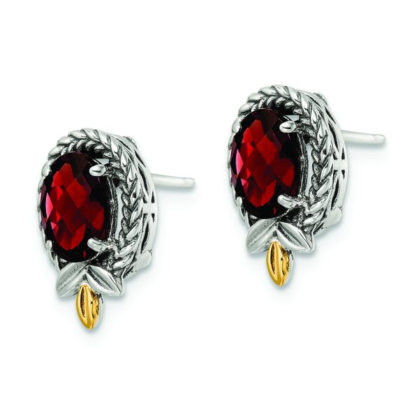 Sterling Silver w/14k Antiqued Braided Oval 2.59GA Garnet Post Earrings - Image 2