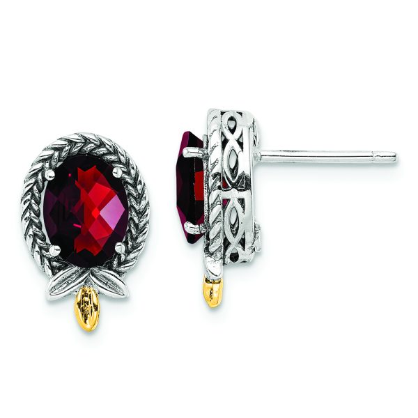 Sterling Silver w/14k Antiqued Braided Oval 2.59GA Garnet Post Earrings