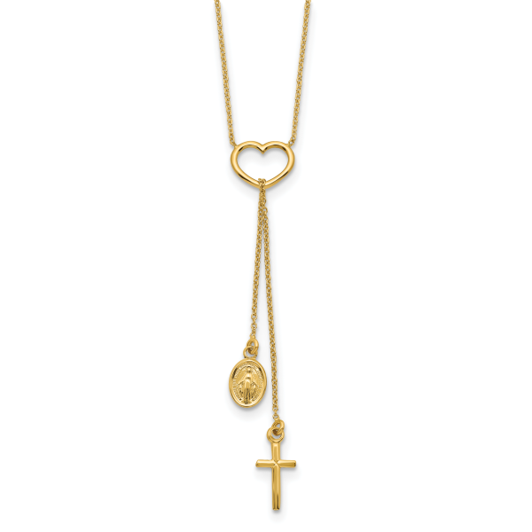 14K Polished Heart with Dangle Cross and Religious Medal Necklace - Image 2