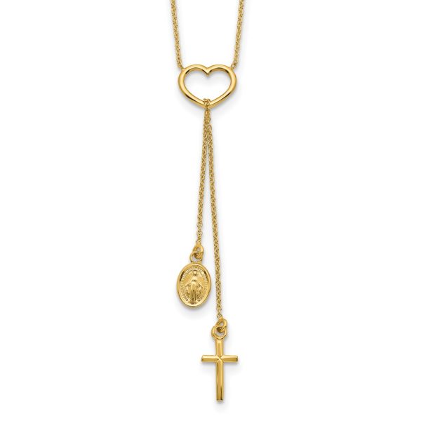 14K Polished Heart with Dangle Cross and Religious Medal Necklace