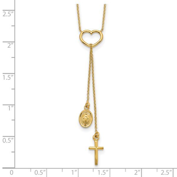 14K Polished Heart with Dangle Cross and Religious Medal Necklace - Image 3