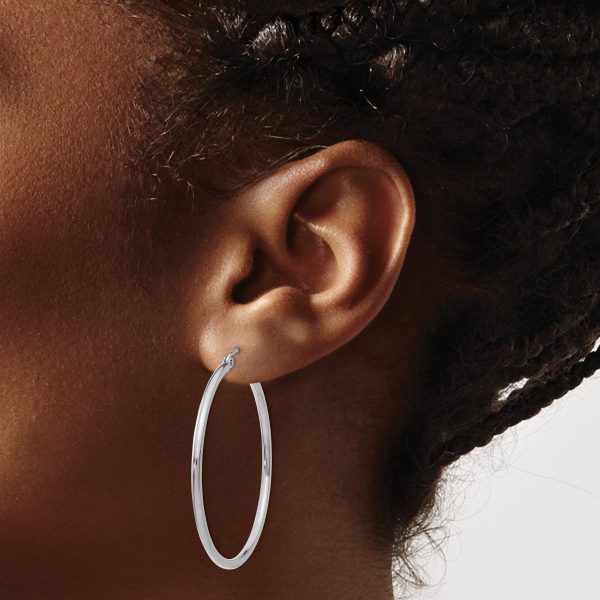 14k White Gold Polished 2x40mm Lightweight Tube Hoop Earrings - Image 3