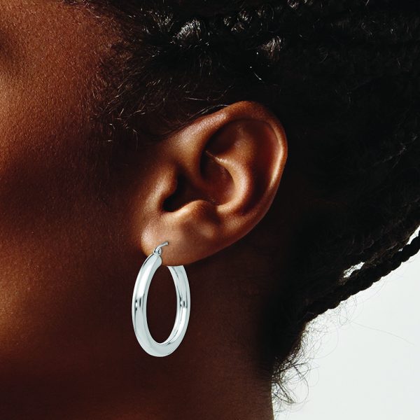 14K White Gold Polished 4mm Lightweight Tube Hoop Earrings - Image 3