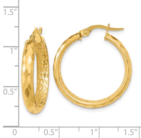 14K Polished and Textured Diamond-cut Inside Fancy Hoop Earrings - Image 3