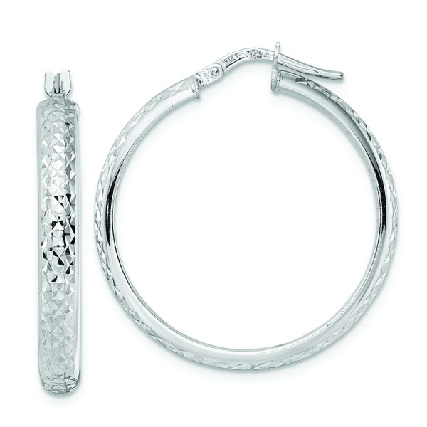 14K White Gold Diamond Cut Hoop Earrings