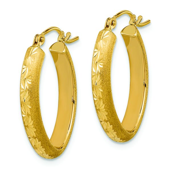 14K Polished and Satin Diamond-cut Oval Hoop Earrings - Image 2