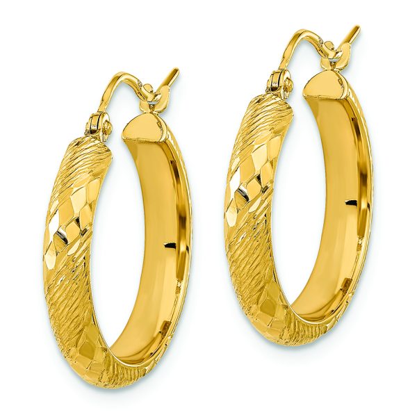 14K Polished and Textured D/C Fancy Pattern Hoop Earrings - Image 2