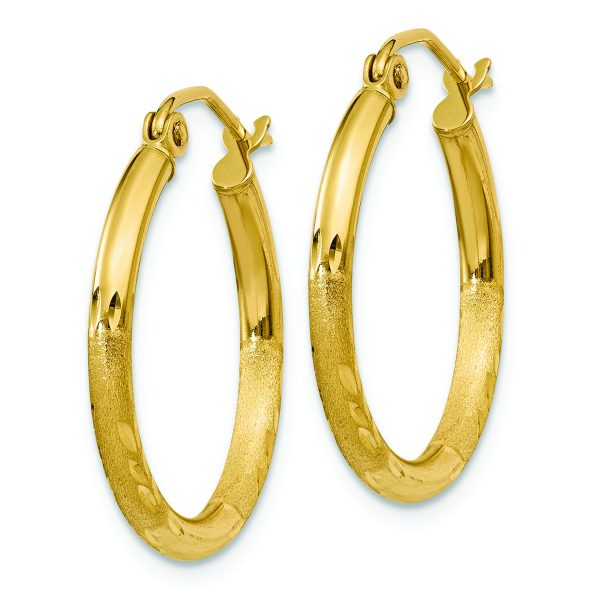 14k Satin and Diamond-cut 2mm Round Tube Hoop Earrings - Image 2