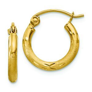 14k Satin and Diamond-cut 2mm Round Tube Hoop Earrings