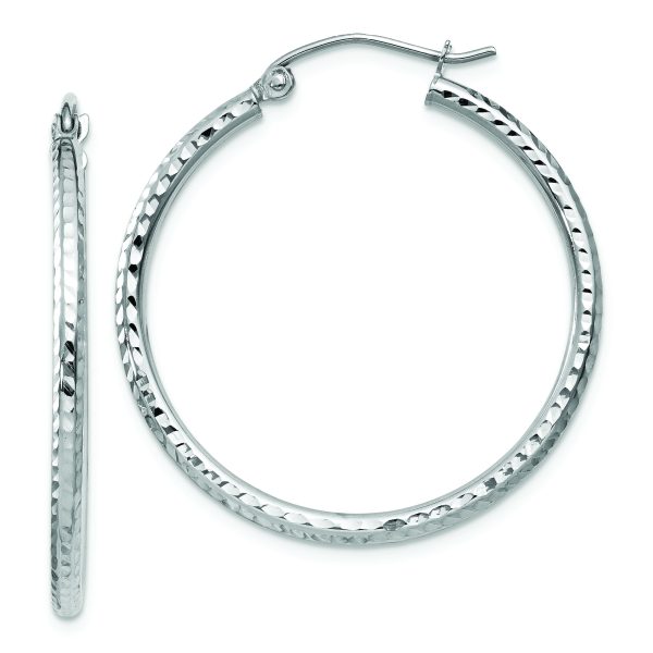 14k White Gold Diamond-cut 2mm Round Tube Hoop Earrings