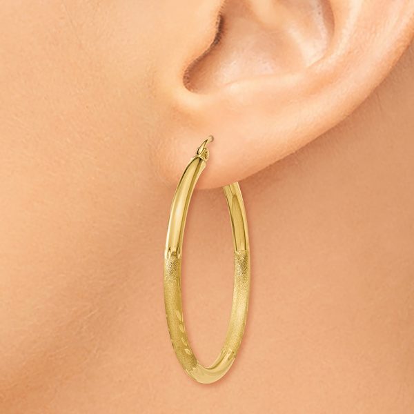 14k Satin & Diamond-cut 2.5mm Round Hoop Earrings - Image 3