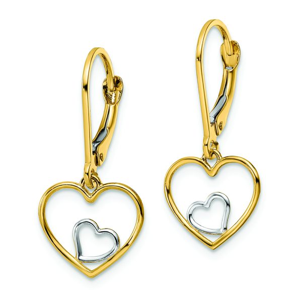 14k w/Rhodium Heart in Heart Leverback Dangle Earrings - Image 2