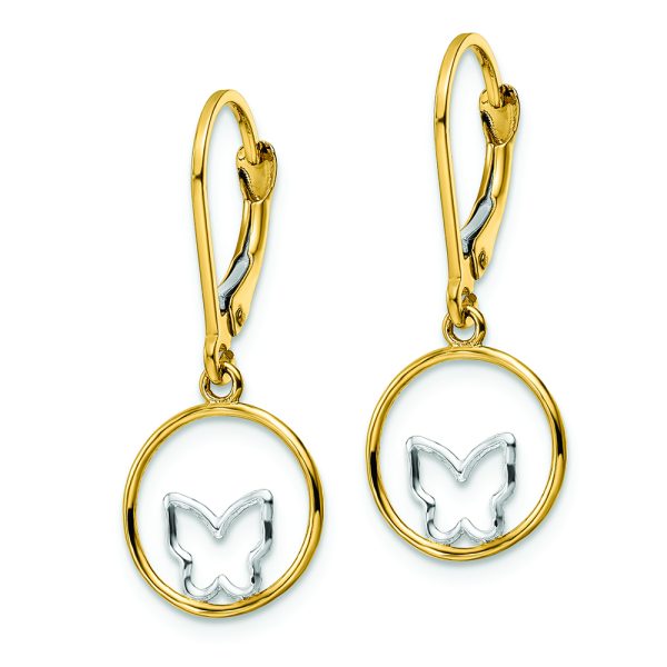 14k w/Rhodium Butterfly in Circle Leverback Dangle Earrings - Image 2