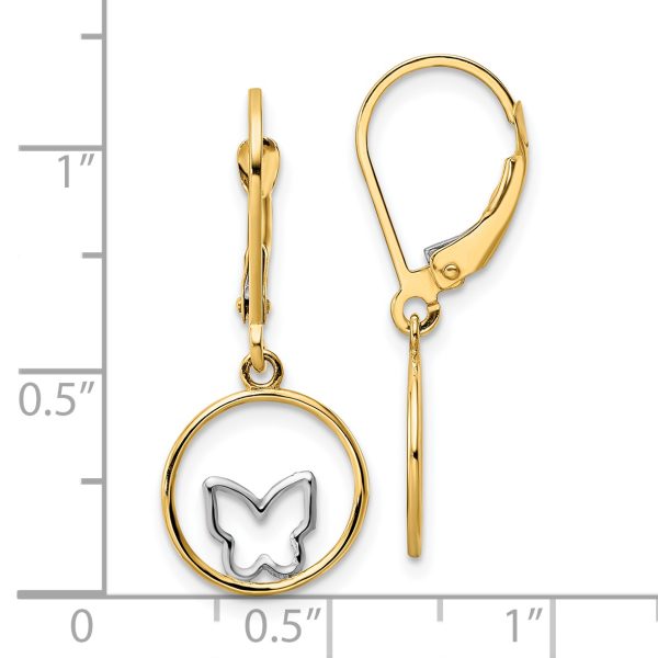 14k w/Rhodium Butterfly in Circle Leverback Dangle Earrings - Image 3