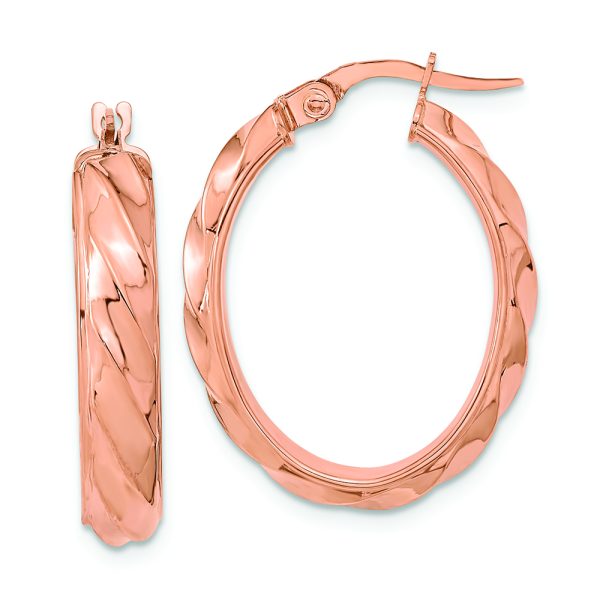 14K Rose Polished and Twisted Oval Hoop Earrings