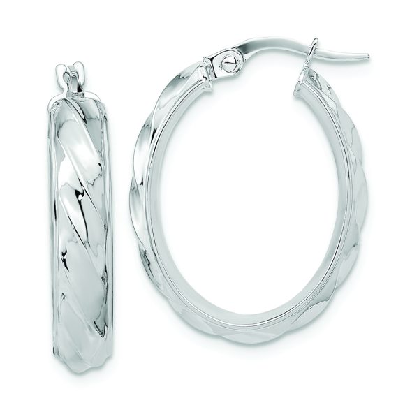 14K White Gold Polished and Twisted Oval Hoop Earrings