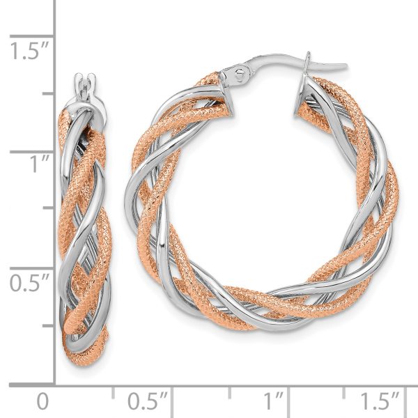 14K White Gold Rose Rhodium Polished and Textured Twisted Hoop Earrings - Image 2