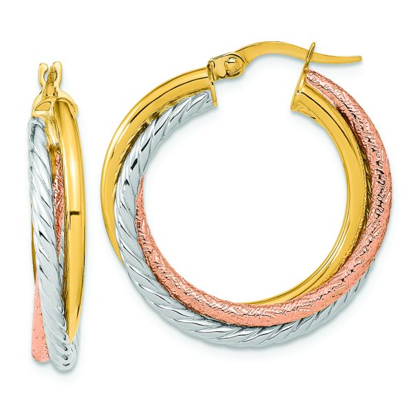 14K w/White and Rose Rhodium Polished and Textured Hoop Earrings