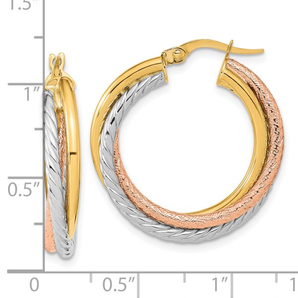 14K w/White and Rose Rhodium Polished and Textured Hoop Earrings - Image 2