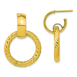 14K Polished and Textured Fancy Dangle Post Hoop Earrings