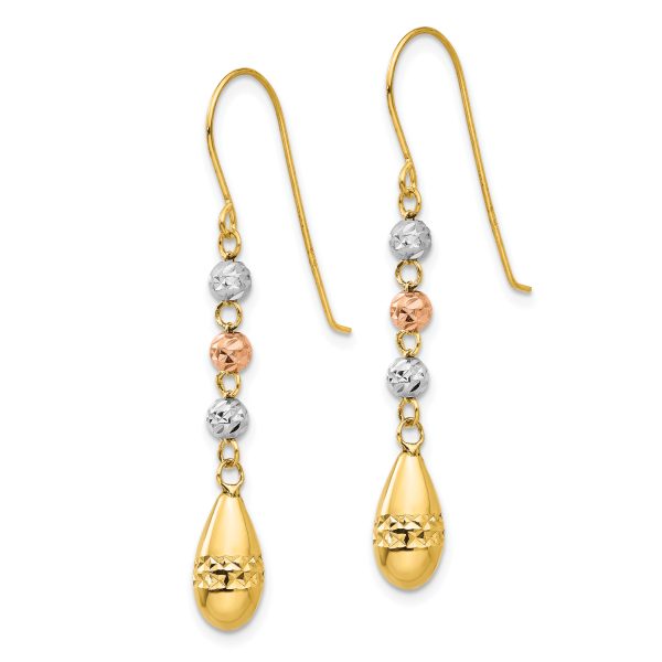 14k Tri-color Diamond-cut Teardrop Beaded Puff Dangle Earrings - Image 2