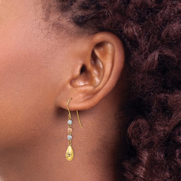 14k Tri-color Diamond-cut Teardrop Beaded Puff Dangle Earrings - Image 3