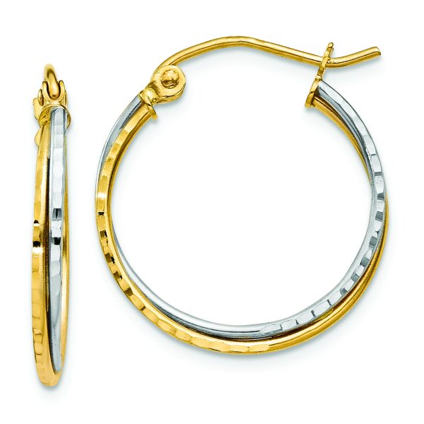 14K Yellow and White Gold Diamond Cut Twisted Hoop Earrings