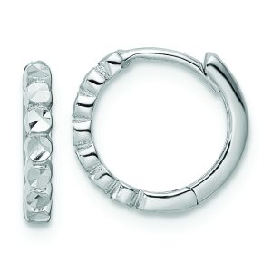 14k White Gold Diamond-cut 2x12mm Hinged Hoop Earrings