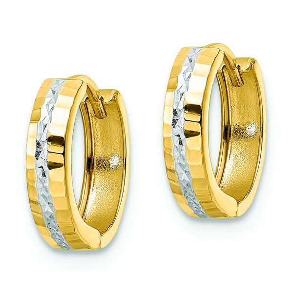 14k w/Rhodium Diamond-cut 3x12mm Hinged Hoop Earrings - Image 2