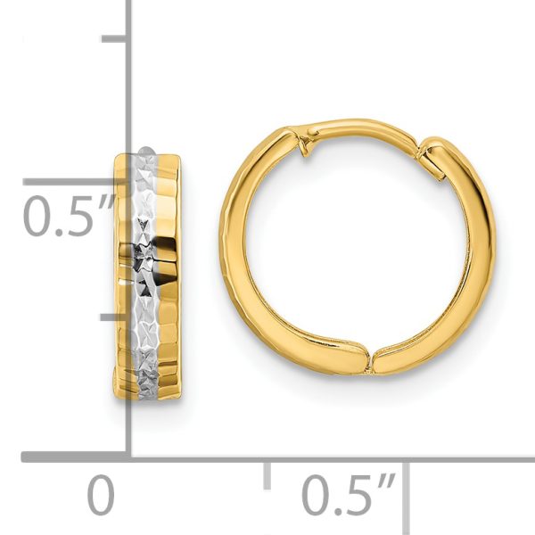 14k w/Rhodium Diamond-cut 3x12mm Hinged Hoop Earrings - Image 3