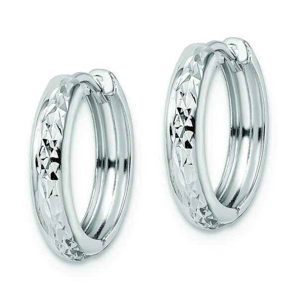 14k White Gold Polished Textured 3x15mm Hinged Hoop Earrings - Image 2