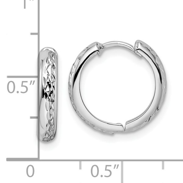 14k White Gold Polished Textured 3x15mm Hinged Hoop Earrings - Image 3