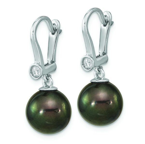 14K White Gold 9-10mm Round Black Saltwater Tahitian Pearl .10ct Dia. Dang - Image 2