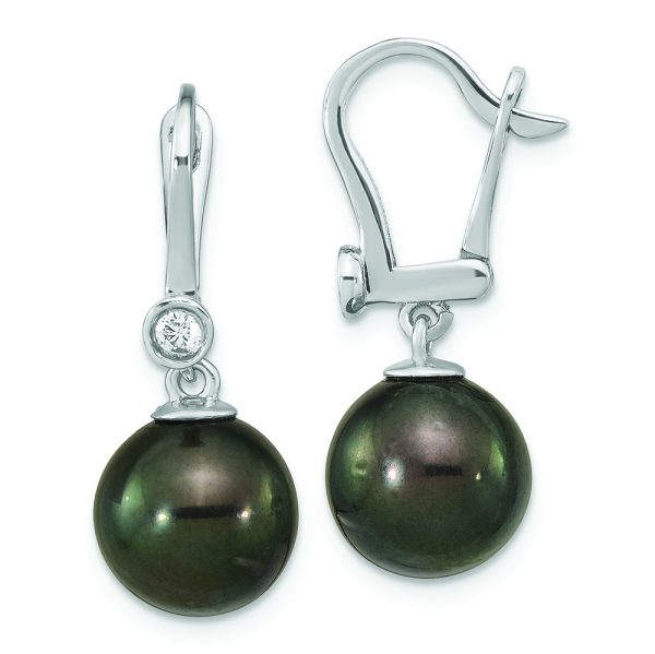 14K White Gold 9-10mm Round Black Saltwater Tahitian Pearl .10ct Dia. Dang