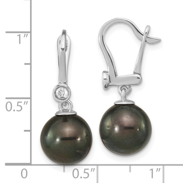 14K White Gold 9-10mm Round Black Saltwater Tahitian Pearl .10ct Dia. Dang - Image 3