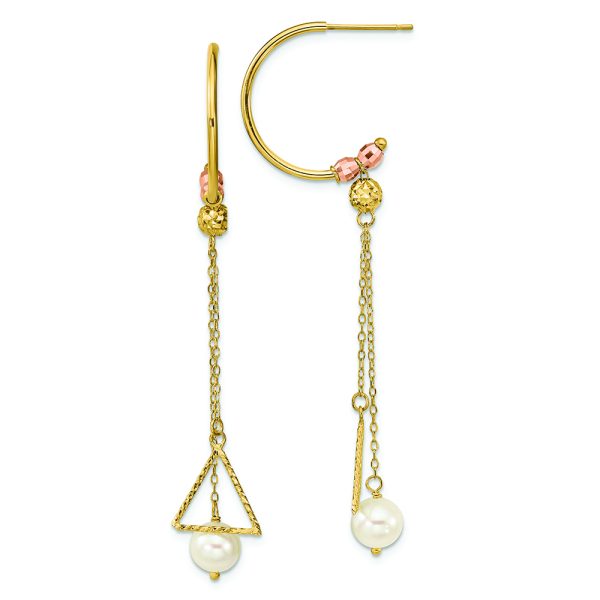 14K Two-tone Half Circle Diamond-cut 6mm FW Cultured Pearl Dangle Earrings