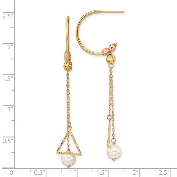 14K Two-tone Half Circle Diamond-cut 6mm FW Cultured Pearl Dangle Earrings - Image 3