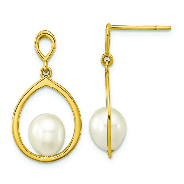 14K 6-7mm Teardrop White FWC Pearl Dangle Earrings