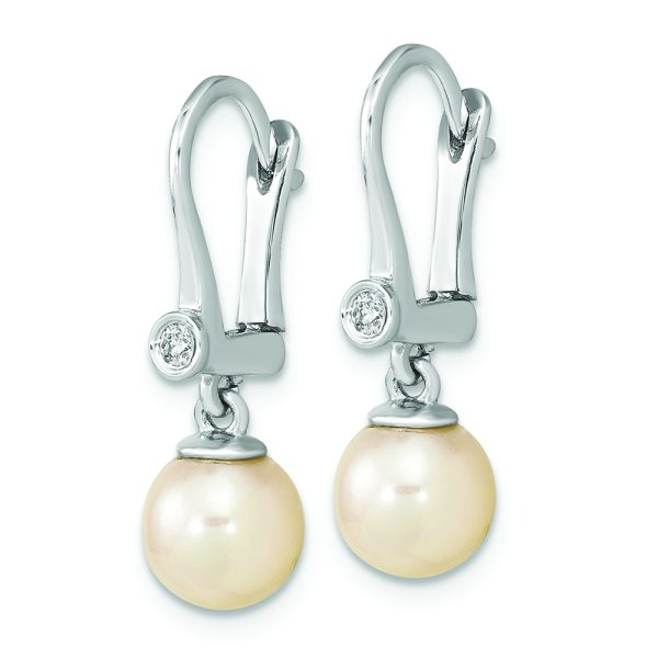 14K White Gold 7-8mm Round White Saltwater Akoya Pearl .05ct Dangle Earring - Image 2