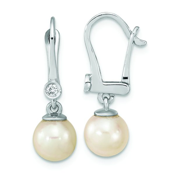 14K White Gold 7-8mm Round White Saltwater Akoya Pearl .05ct Dangle Earring