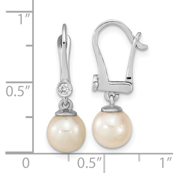 14K White Gold 7-8mm Round White Saltwater Akoya Pearl .05ct Dangle Earring - Image 3