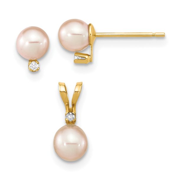 14K Madi K 4-5mm Rd Pink FWC Pearl .03ct. Diamond Earring and Pendant Set