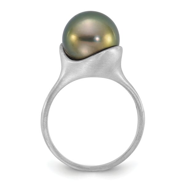 14K White Gold Brushed 10-11mm Round Black Tahitian Pearl Ring - Image 2