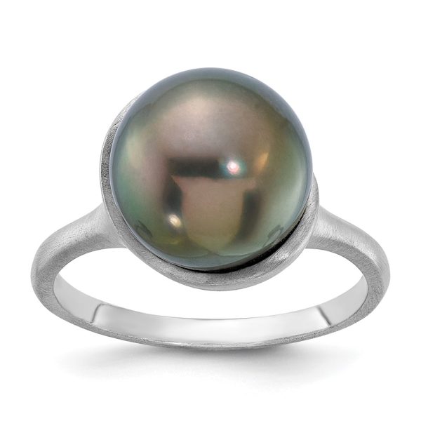 14K White Gold Brushed 10-11mm Round Black Tahitian Pearl Ring